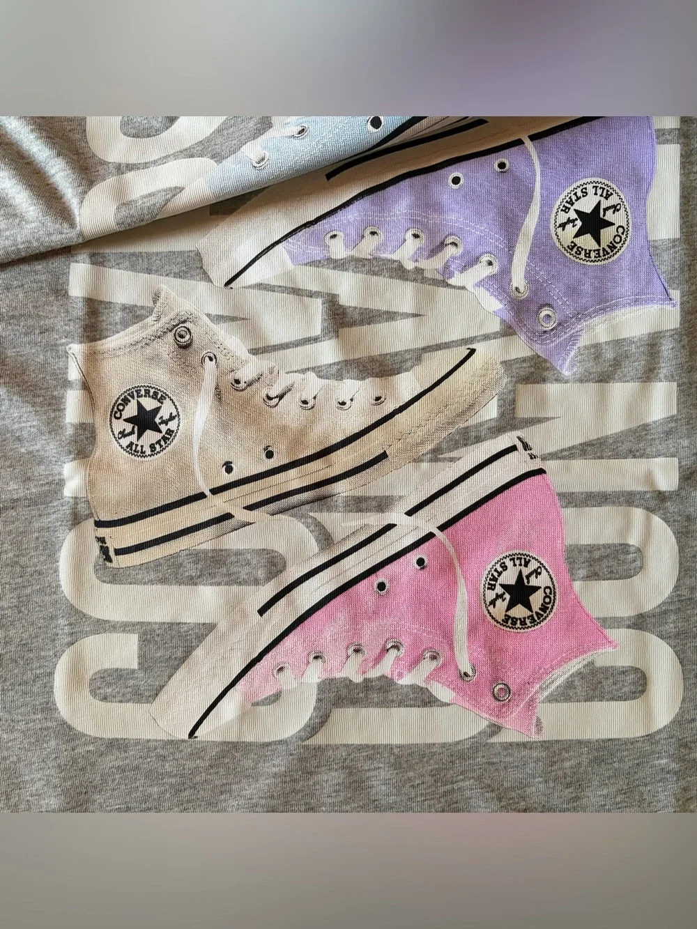Converse Gray Tee with Pink, Purple and Light Blue Sneaker Graphic